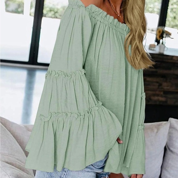 Off-Shoulder Ruffle Sleeve Top - Green - Picture 2 of 8
